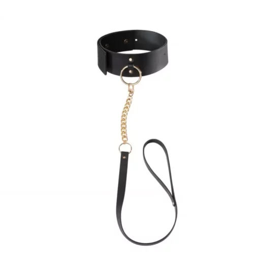 Vastag fekete műbőr nyakörv arany láncos pórázzal Maze wide choker with leash black