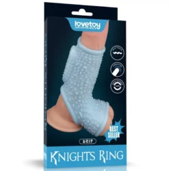 Rücskös pénisz és hereköpeny Vibrating drip knights ring with scrotum sleeve blue