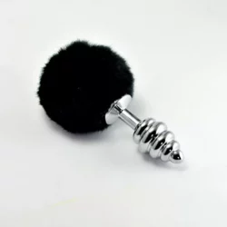 Fém fenékdugó nyuszifarokkal Spiral pompon metal plug black