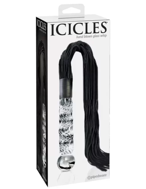 Korbács üvegdildó nyéllel Icicles No. 38 clear fekete
