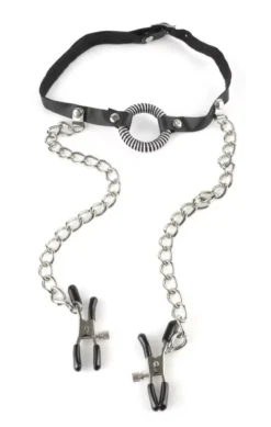 Szájkarika mellbimbó csipesszel O ring gag nipple clamps black/silver