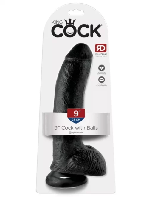 Letapasztható fekete dildó herékkel 9" cock with balls black 22,8 cm