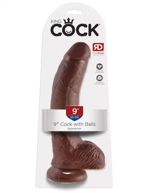 Letapasztható barna dildó herékkel 9" cock with balls brown 22,8 cm