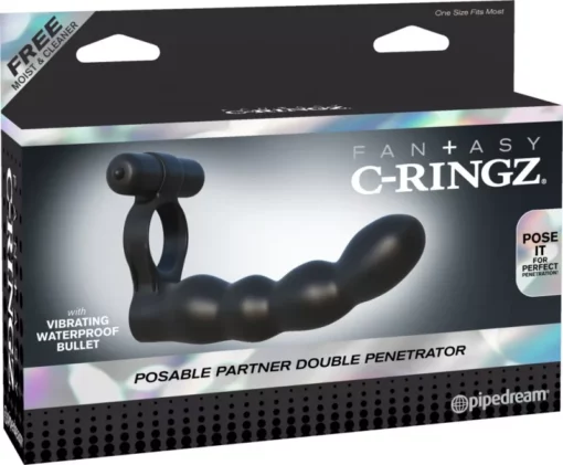 Péniszgyűrű vibrátorral Posable partner double penetrator black
