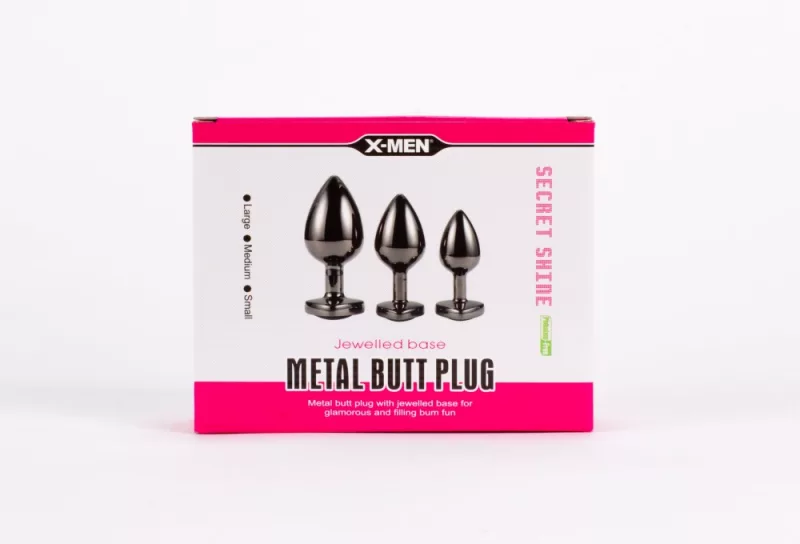 X men fekete, szivecskés, fém análdugó szett fekete secret shine jewelled base metal blug plug set