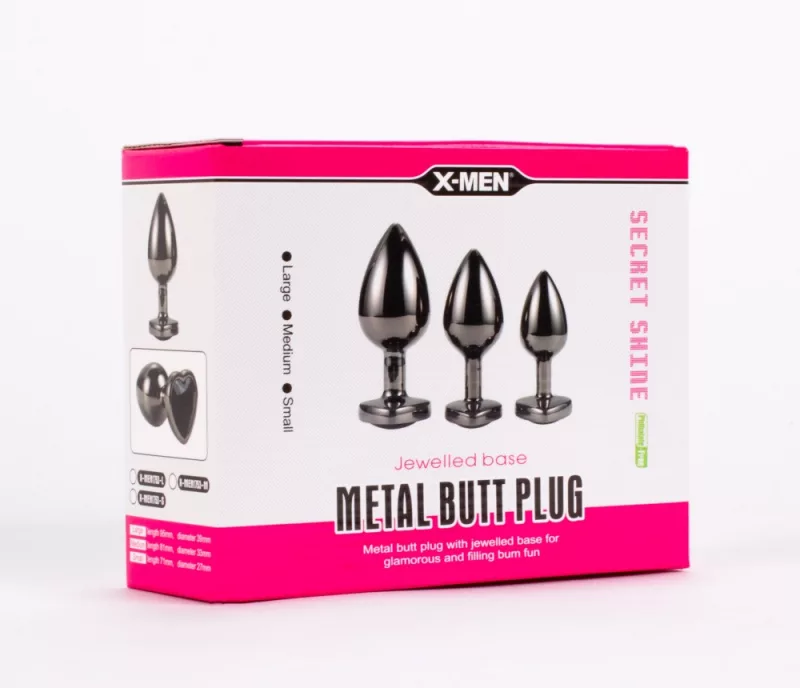 X men fekete, szivecskés, fém análdugó szett fekete secret shine jewelled base metal blug plug set