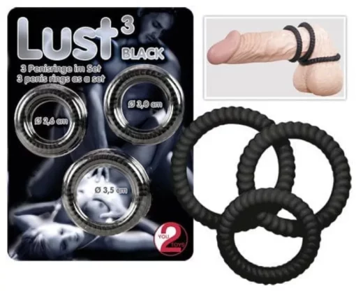 Péniszgyűrű szett 3 darabos fekete szilikon Lust 3 black