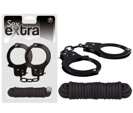 Fém bilincs és kötöző fekete Sex extra metal cuffs & love rope