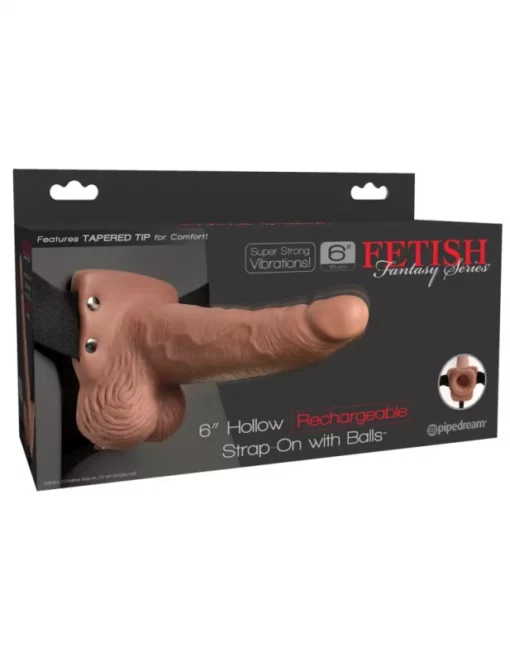 Felköthető, tölthető, barna herés műpénisz 15cm 6" Hollow Rechargeable Strap On with Balls Tan