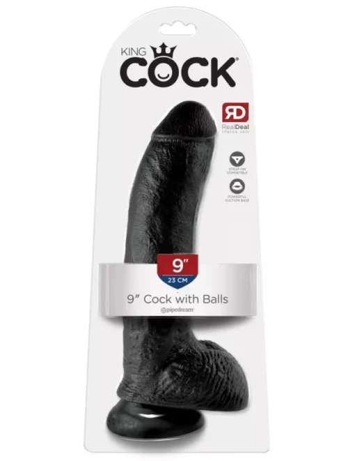 Letapasztható fekete dildó herékkel 9" cock with balls black 22,8 cm