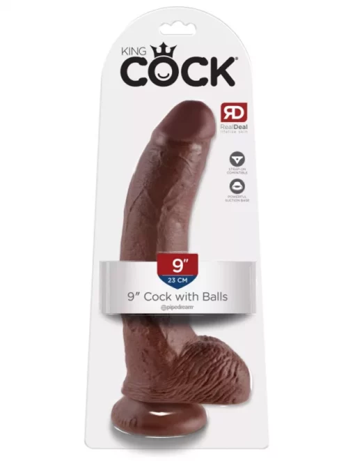 Letapasztható barna dildó herékkel 9" cock with balls brown 22,8 cm