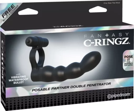 Péniszgyűrű vibrátorral Posable partner double penetrator black