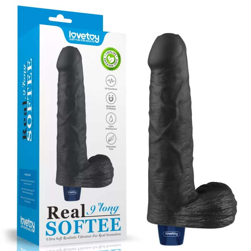 Realisztikus vibrátor 9" real softee rechargeable vibrating dildo (black)