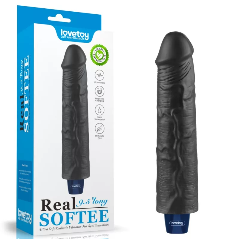 Realisztikus tölthető vízálló vibrátor 24 cm 9.5" Real Softee Rechargeable Vibrating Dildo (fekete)