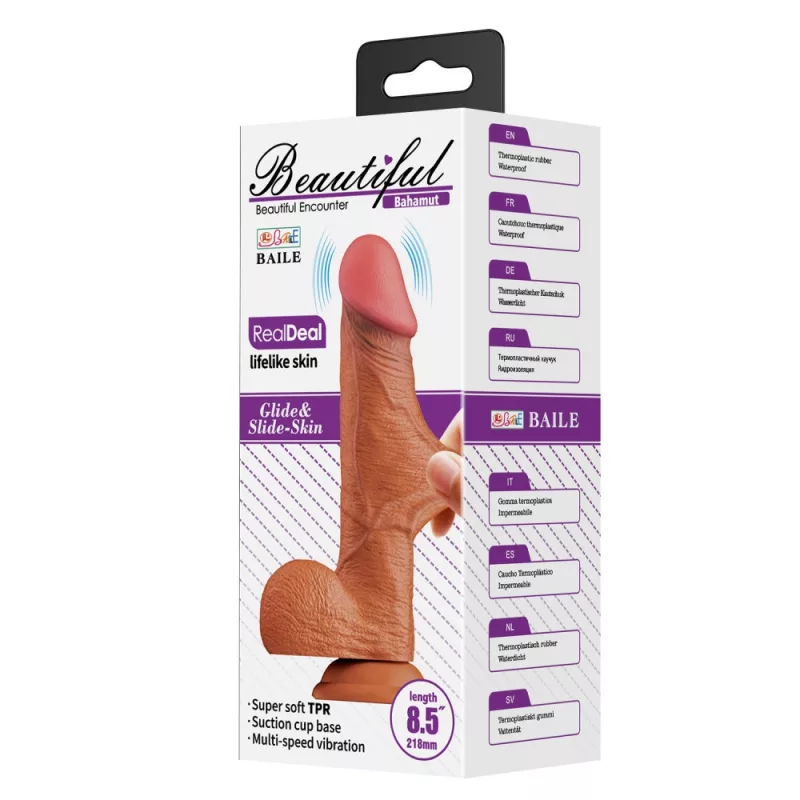 Realisztikus letapasztható barna dildó vibrációval 21,8 cm Beautiful Bahamut 8,5" vibrating dildo brown